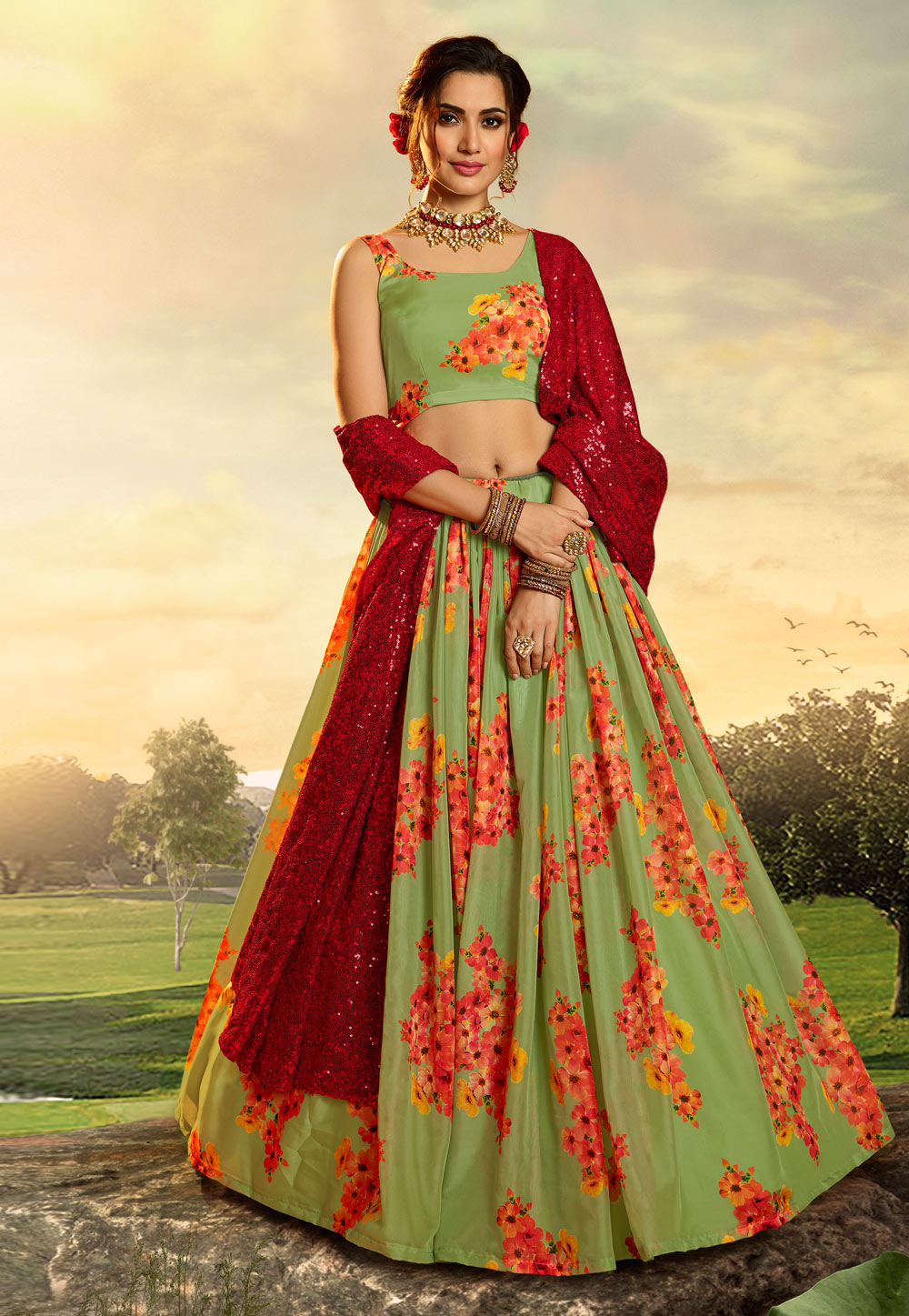 Green Organza Circular Lehenga Choli 210974