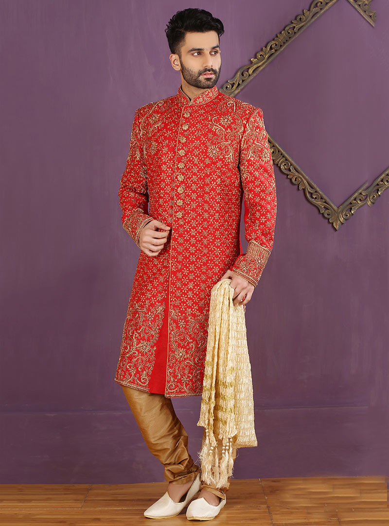 Red Banarasi Silk Achkan Style Sherwani 88126