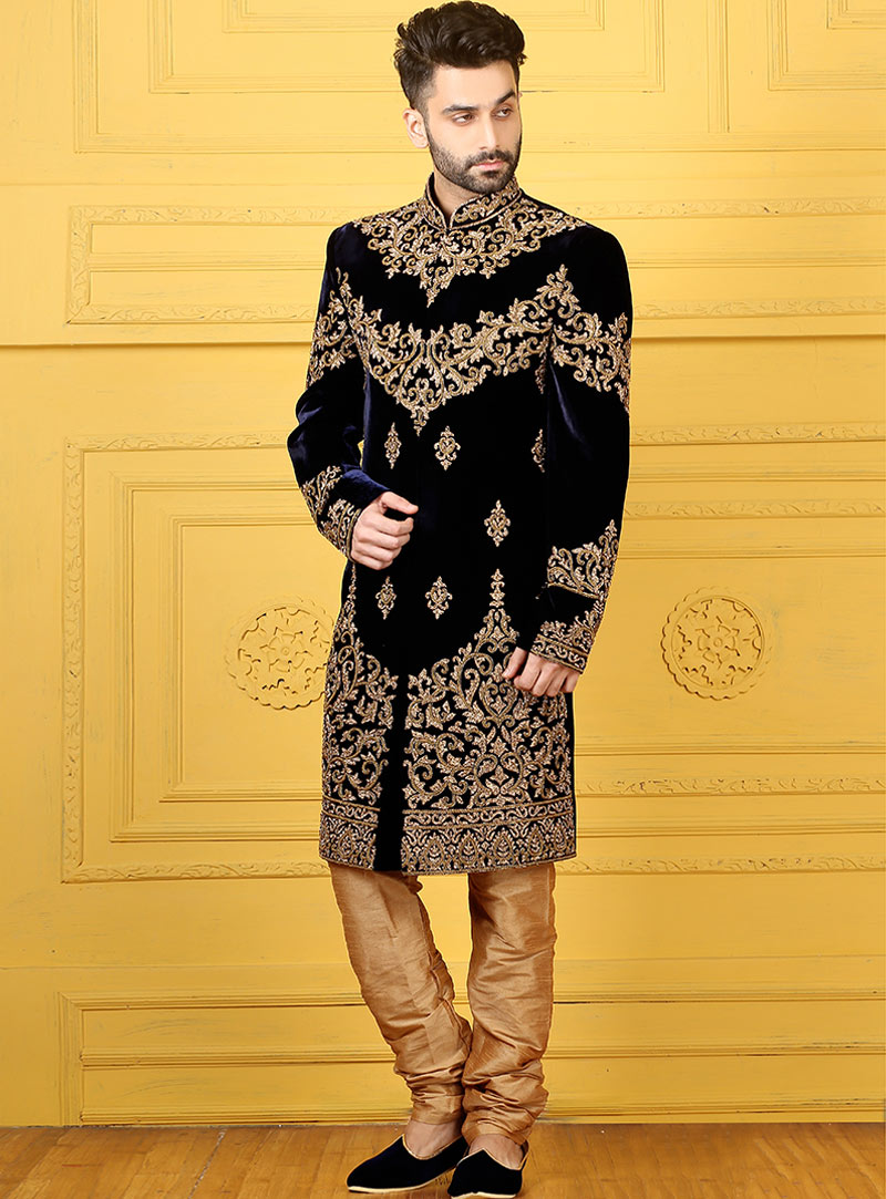 Navy Blue Velvet Chipkan Style Sherwani 88133