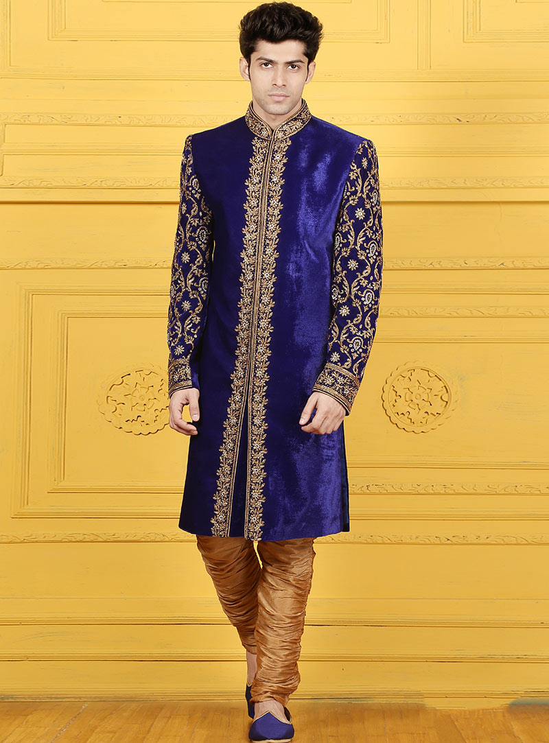 Blue Velvet Chipkan Style Sherwani 88134