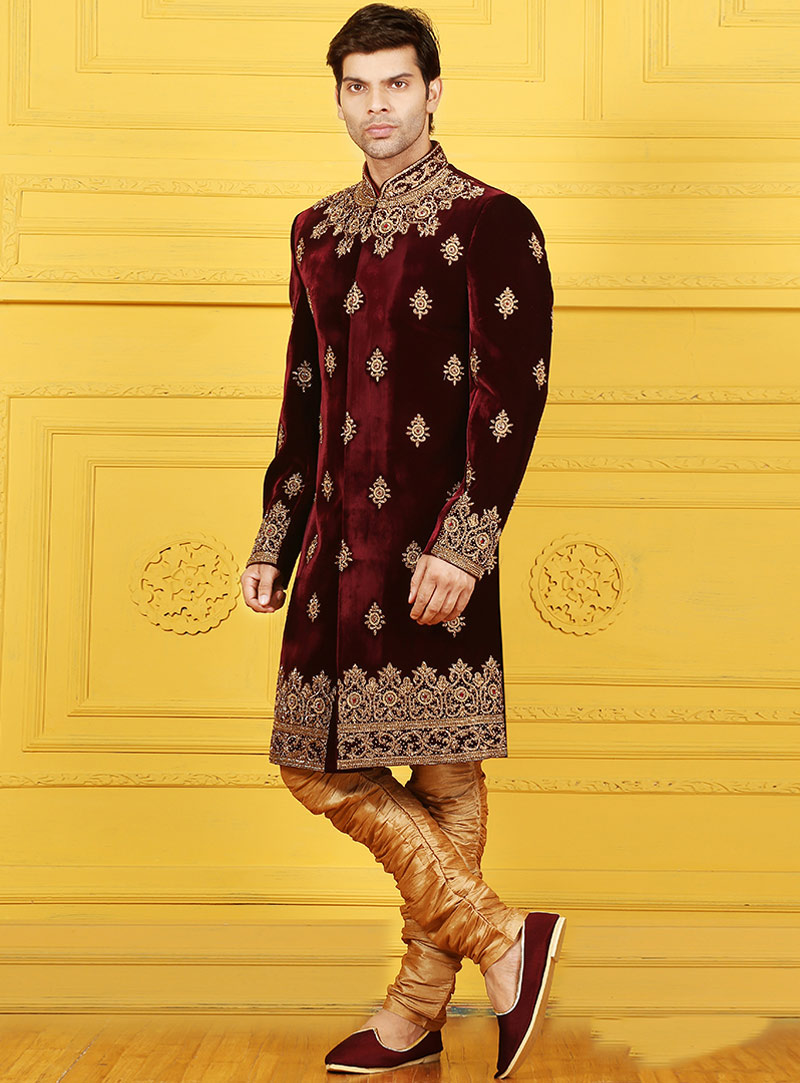 Maroon Velvet Chipkan Style Sherwani 88135
