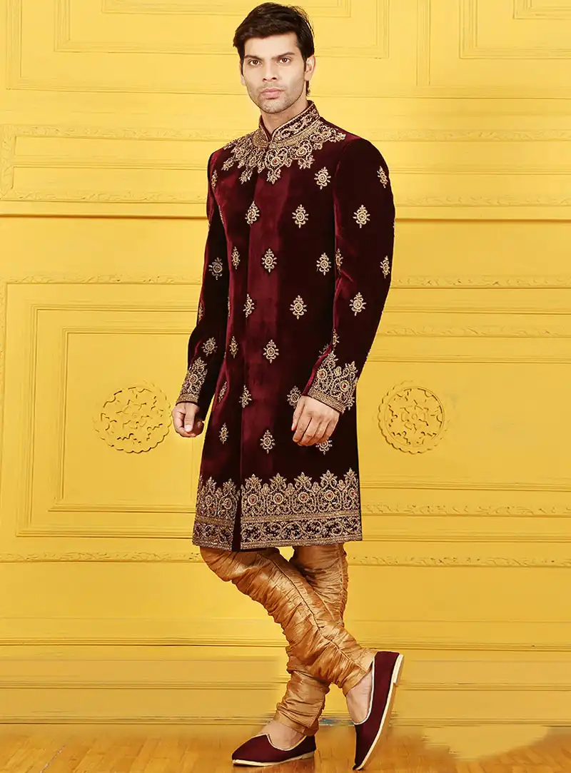 Maroon Velvet Chipkan Style Sherwani 88135