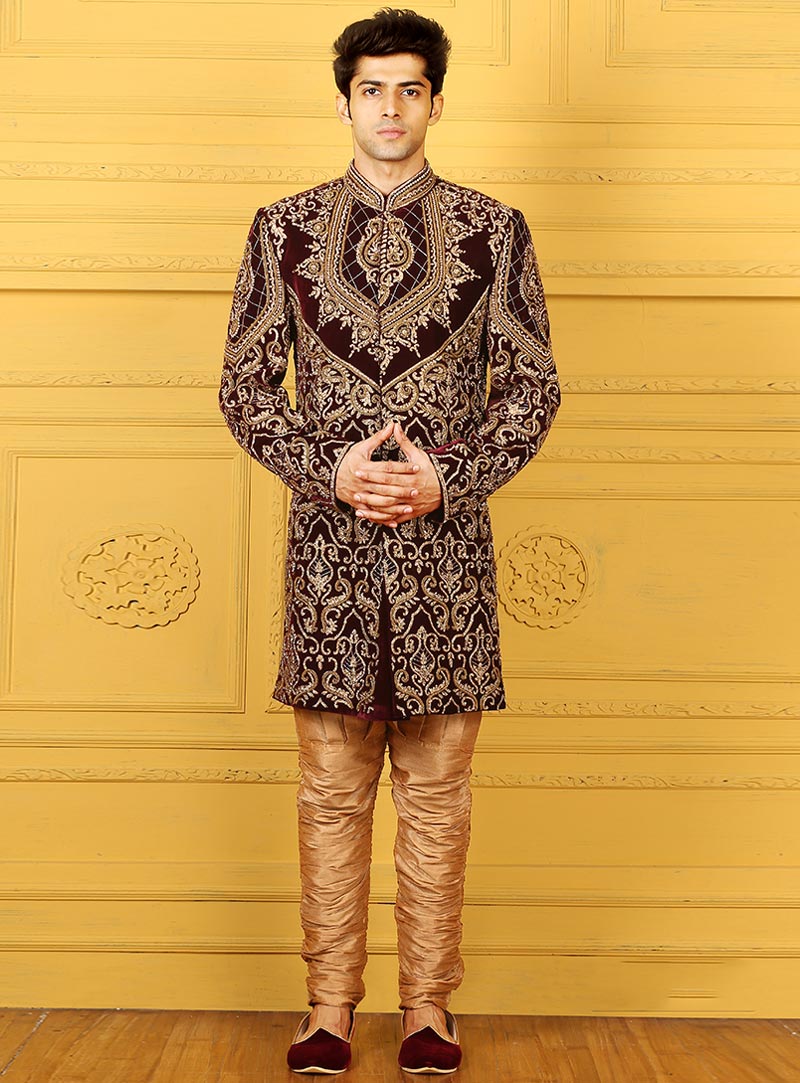 Maroon Velvet Chipkan Style Sherwani 88136