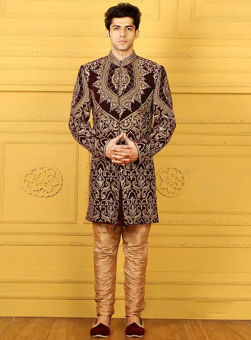 Maroon Velvet Chipkan Style Sherwani 88136