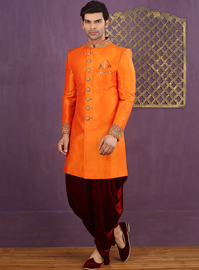 Orange Banarasi Silk Dhoti Style Achkan Sherwani 88145