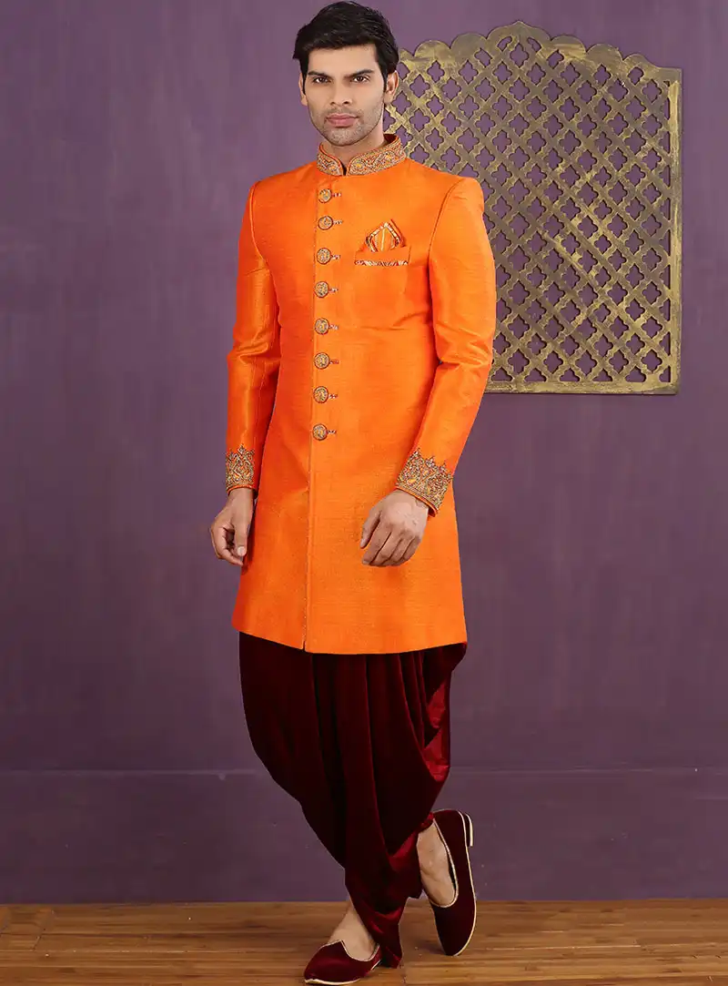Orange Banarasi Silk Dhoti Style Achkan Sherwani 88145