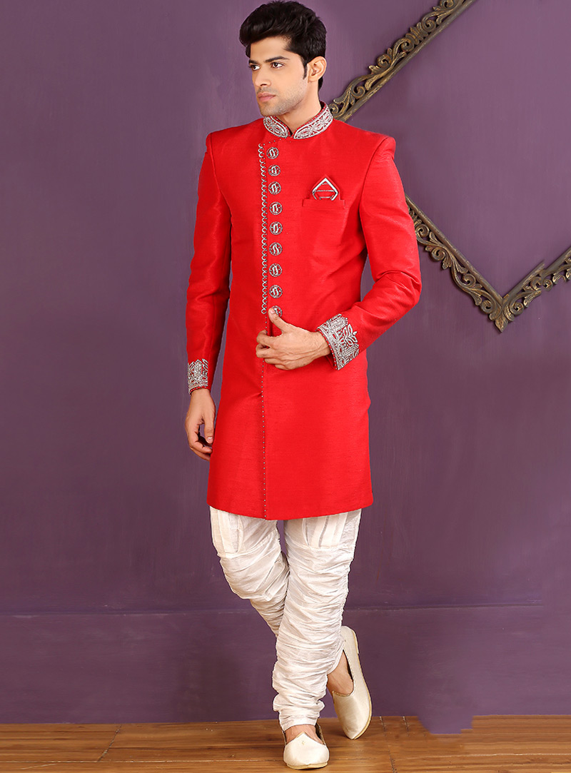 Red Banarasi Silk Achkan Style Sherwani 88146