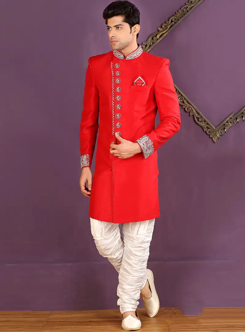 Red Banarasi Silk Achkan Style Sherwani 88146