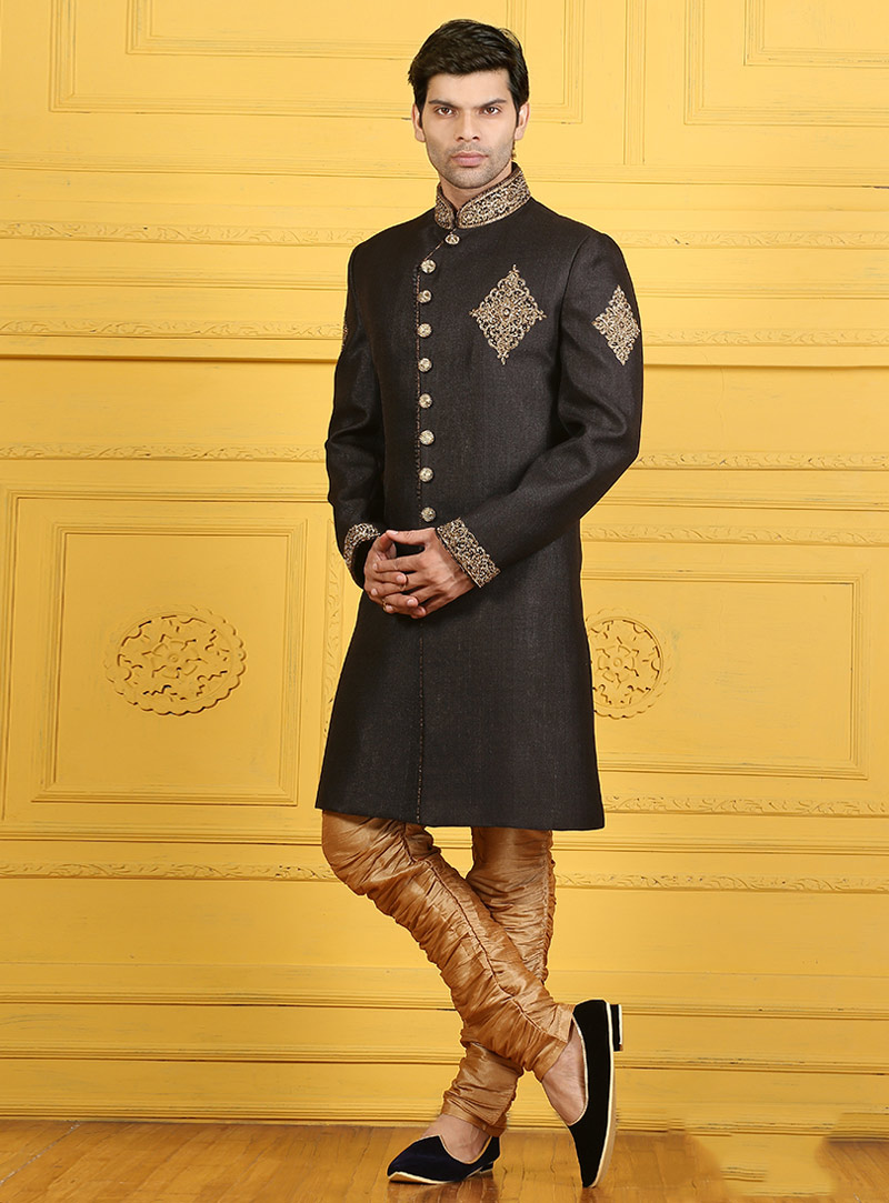 Black Silk Achkan Style Sherwani 88147