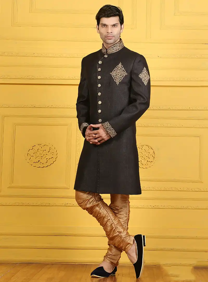 Black Silk Achkan Style Sherwani 88147