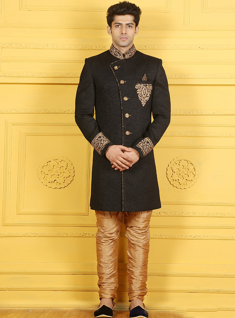 Black Silk Achkan Style Sherwani 88149