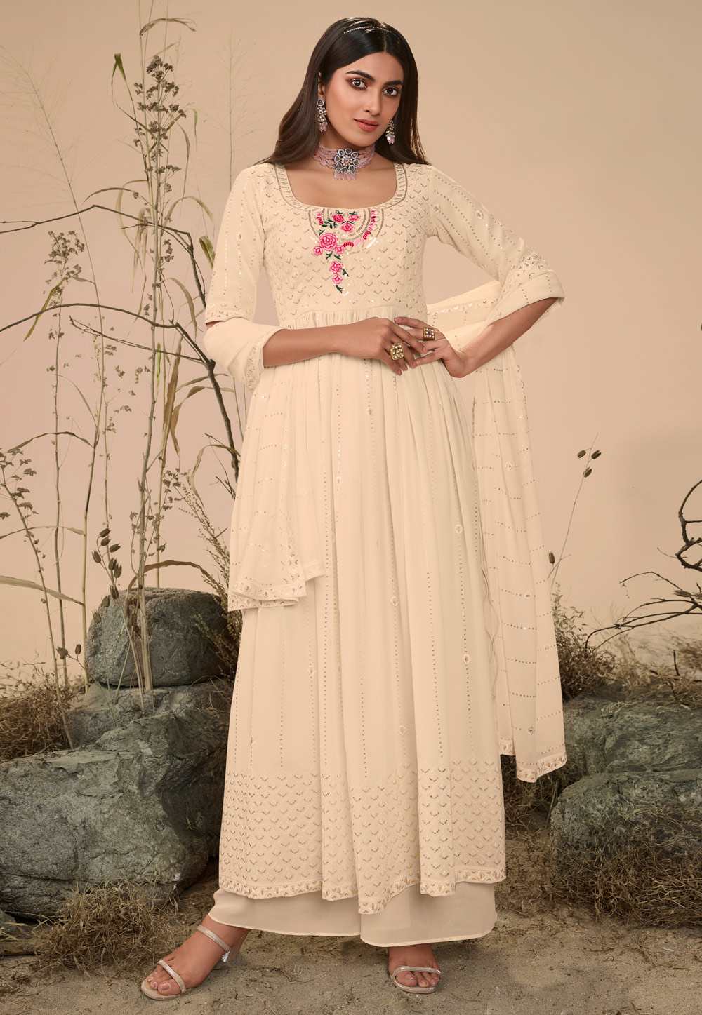 Beige Georgette Palazzo Suit 258837