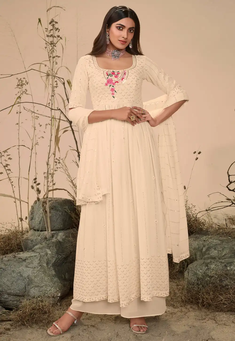 Beige Georgette Palazzo Suit 258837