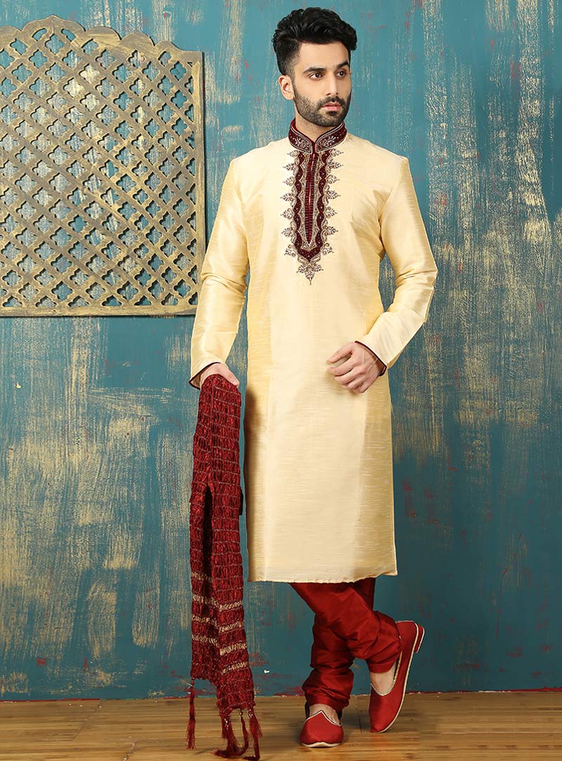 Cream Jacquard Readymade Kurta Pajama 88432