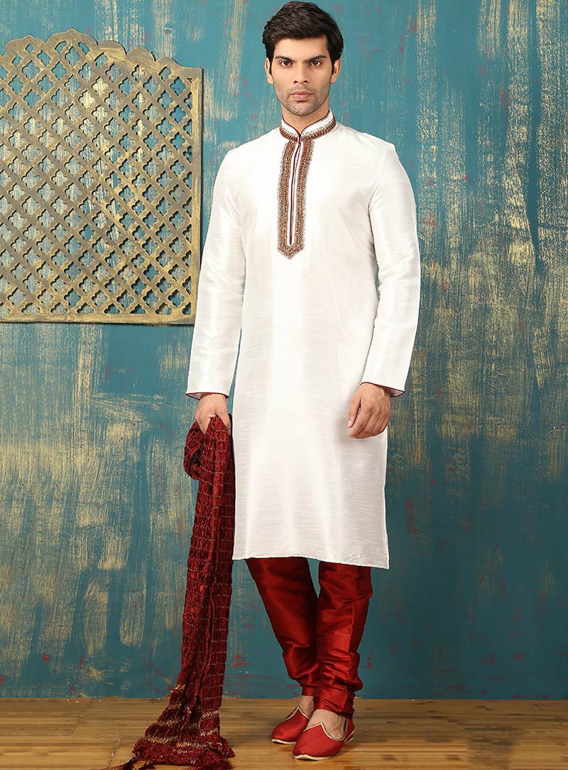 White Art Silk Readymade Kurta Pajama 88433