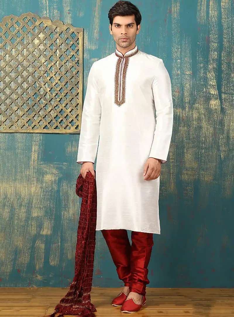 White Art Silk Readymade Kurta Pajama 88433