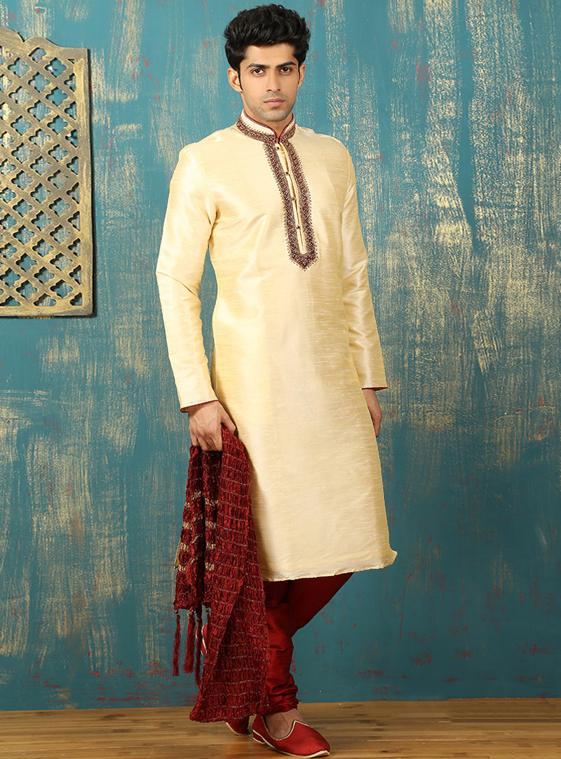Cream Art Silk Readymade Kurta With Churidar 87951