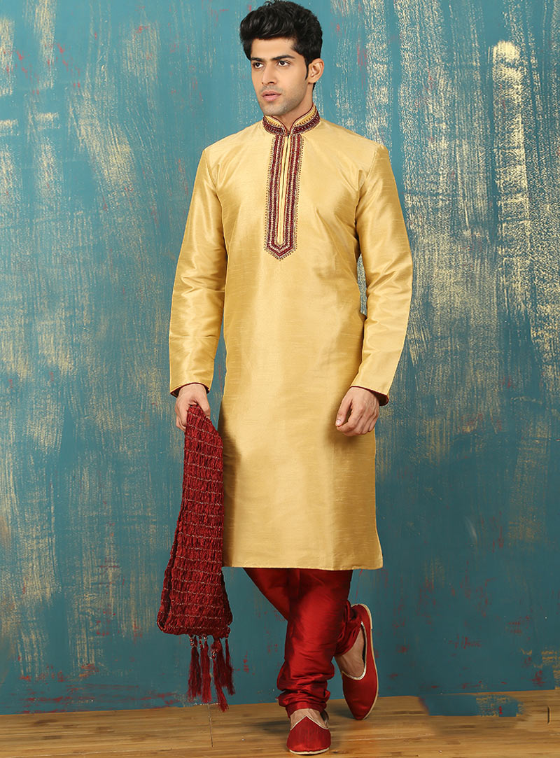 Golden Art Silk Readymade Kurta With Churidar 87953