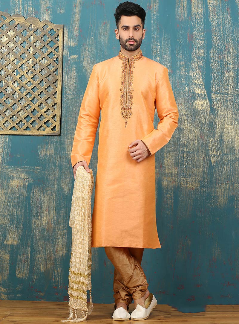 Peach Art Silk Readymade Kurta Pajama 87954
