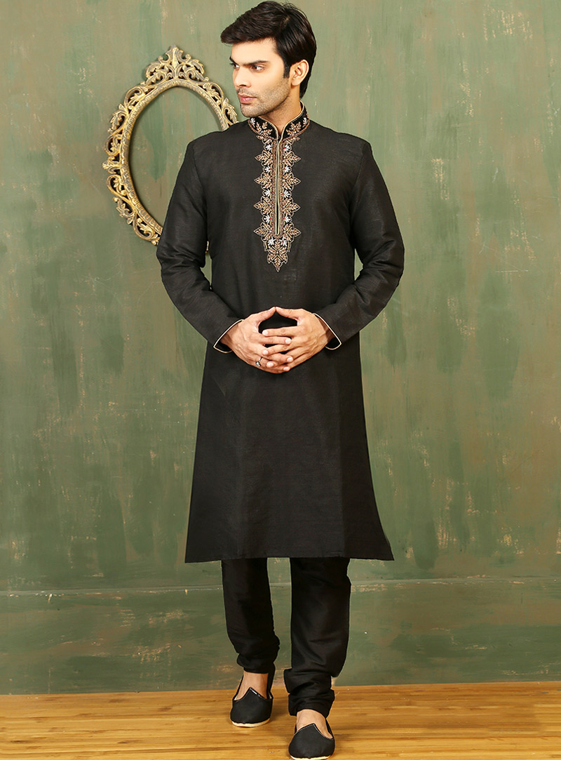 Black Art Silk Readymade Kurta With Churidar 87955