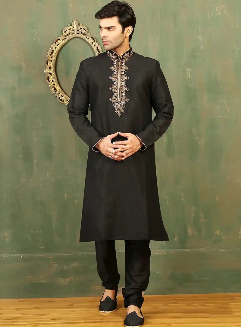 Black Art Silk Readymade Kurta With Churidar 87955