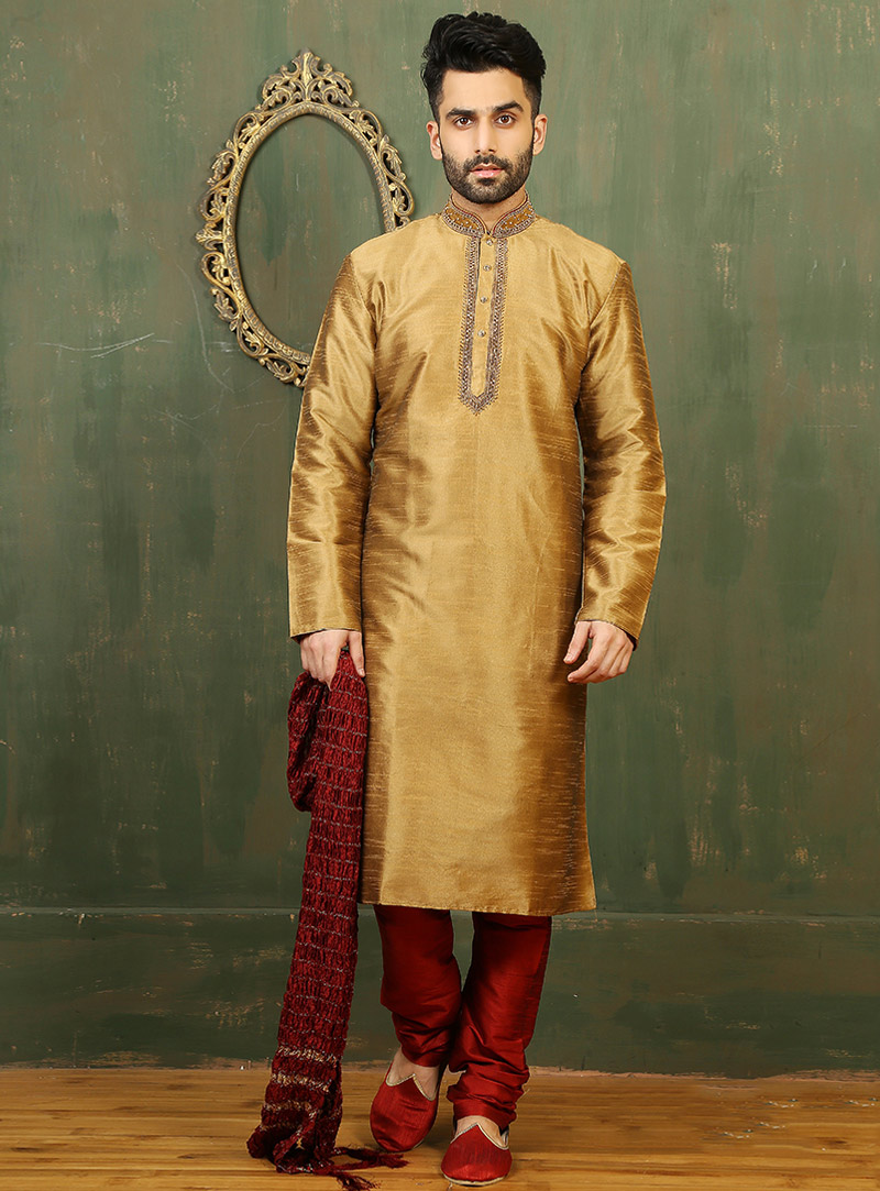 Golden Art Silk Readymade Kurta Pajama 87956