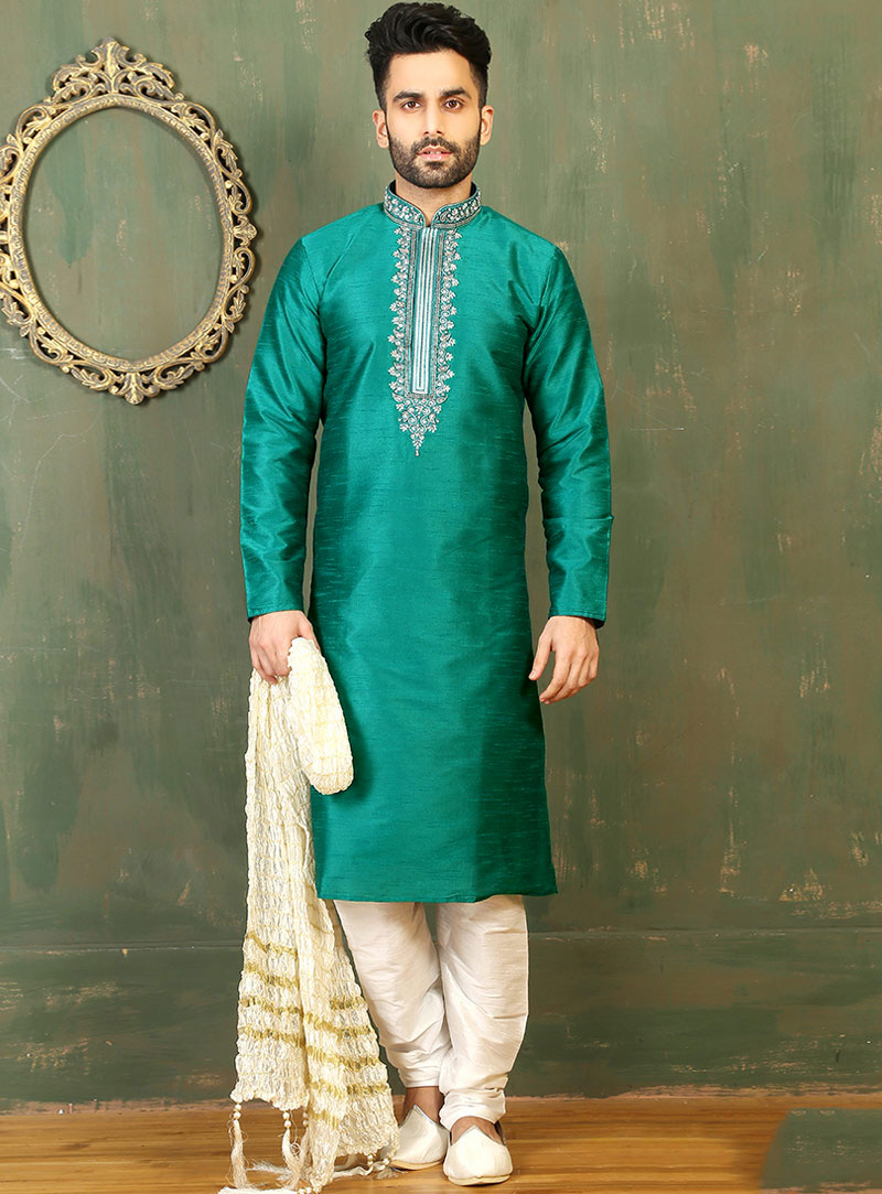 Teal Art Silk Readymade Kurta With Churidar 87959