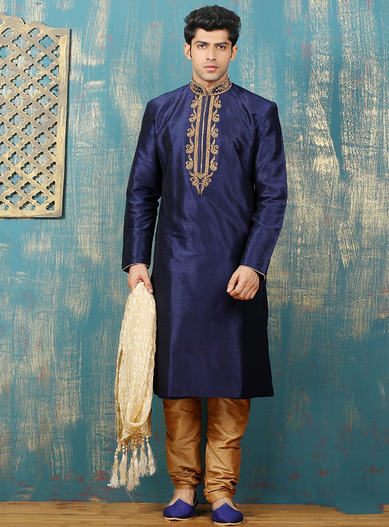 Navy Blue Art Silk Readymade Kurta Pajama 87960