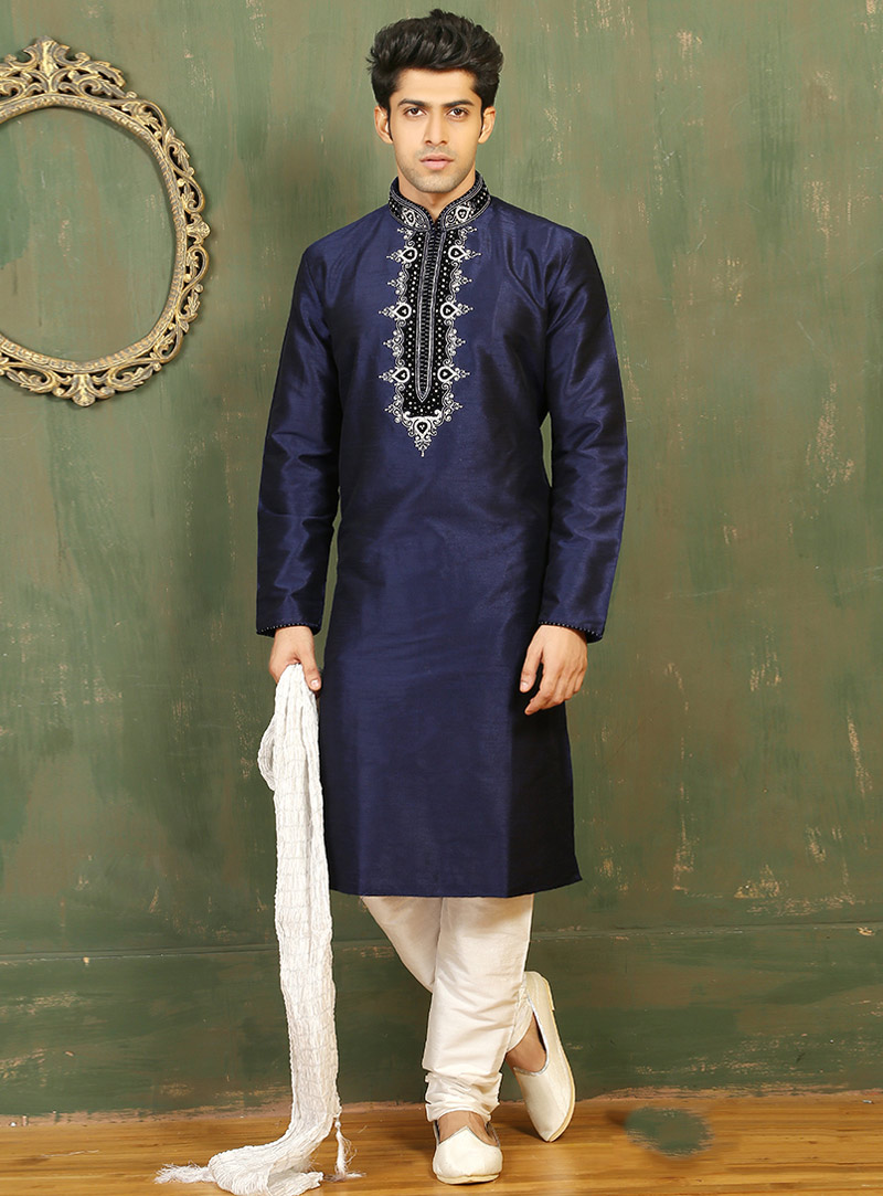 Navy Blue Art Silk Readymade Kurta With Churidar 87961