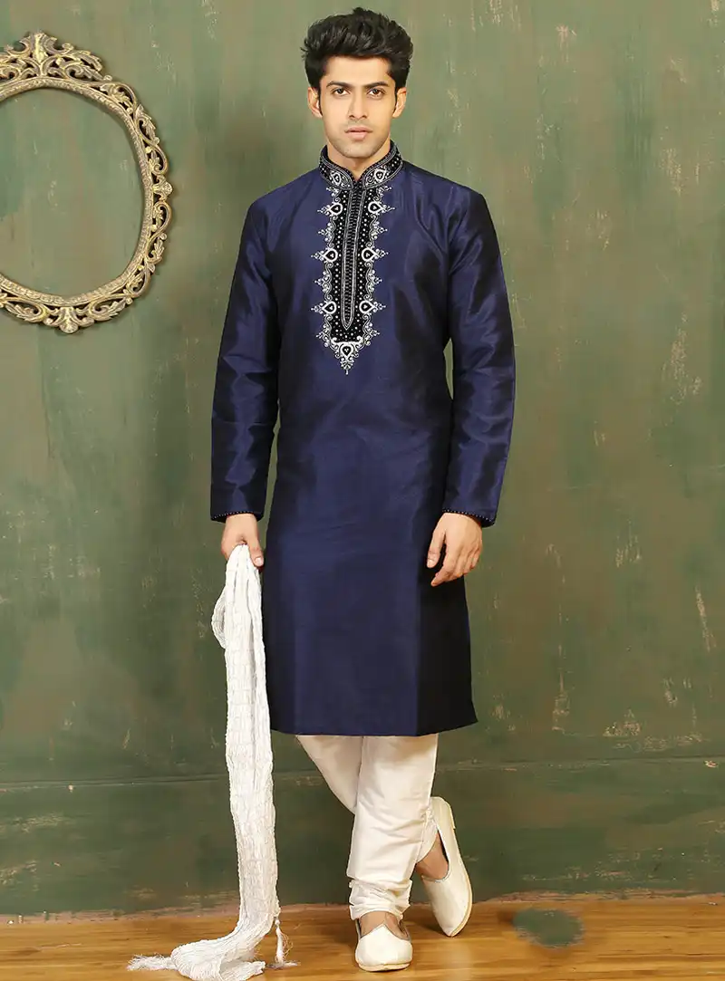 Navy Blue Art Silk Readymade Kurta With Churidar 87961