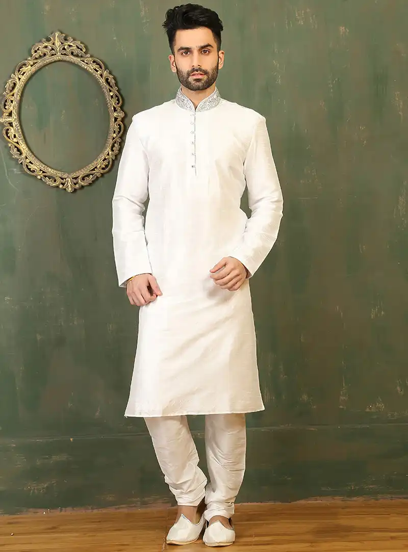 Cream Art Silk Readymade Kurta With Churidar 87963