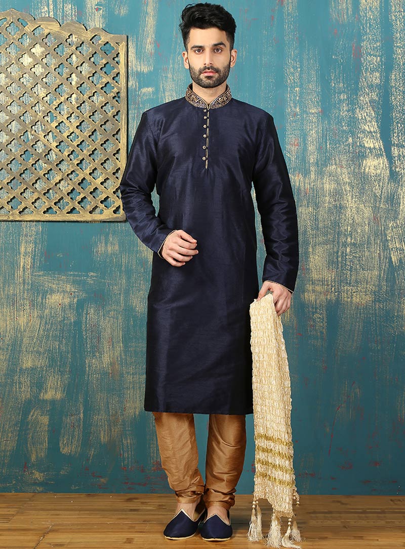 Navy Blue Art Silk Readymade Kurta Pajama 87964