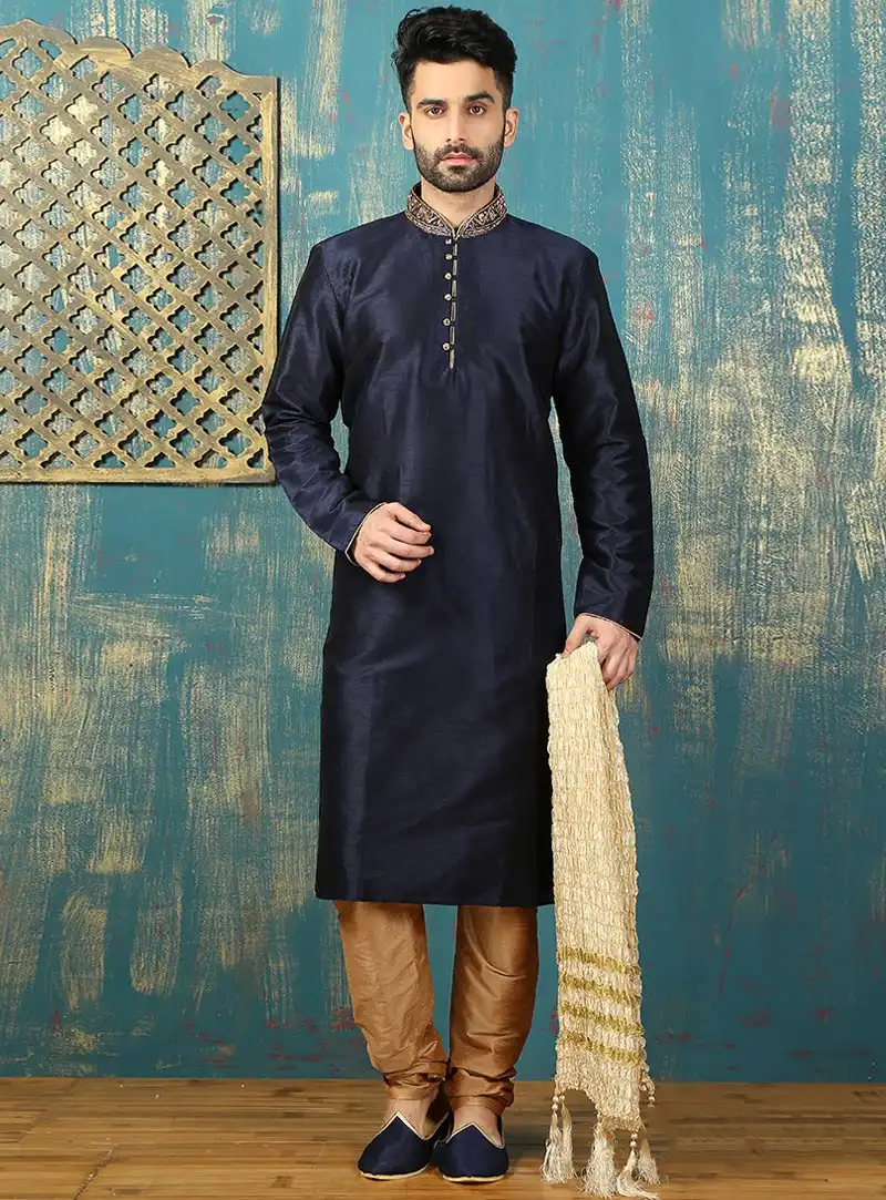 Navy Blue Art Silk Readymade Kurta Pajama 87964