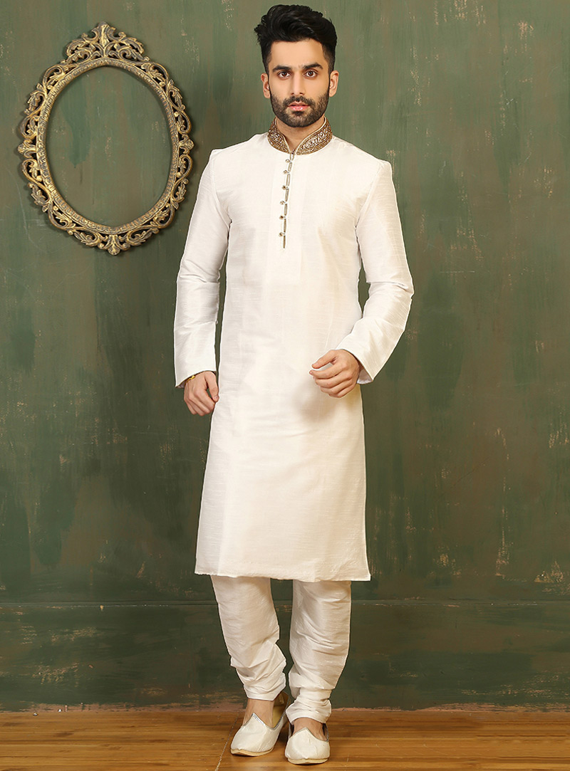 Cream Art Silk Readymade Kurta With Churidar 87965