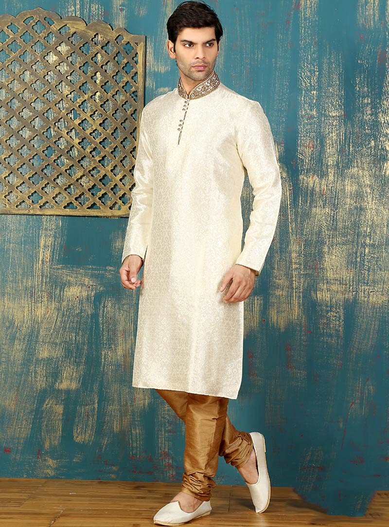 Cream Art Silk Readymade Kurta With Churidar 87967