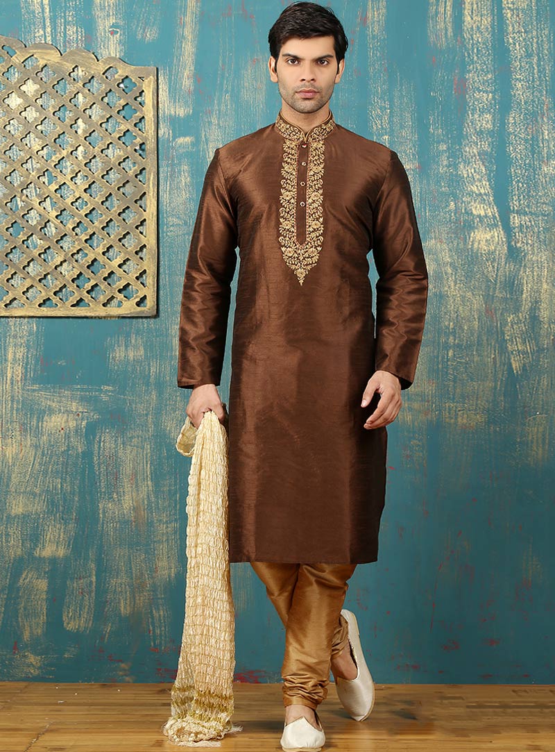 Brown Art Silk Readymade Kurta With Churidar 87977