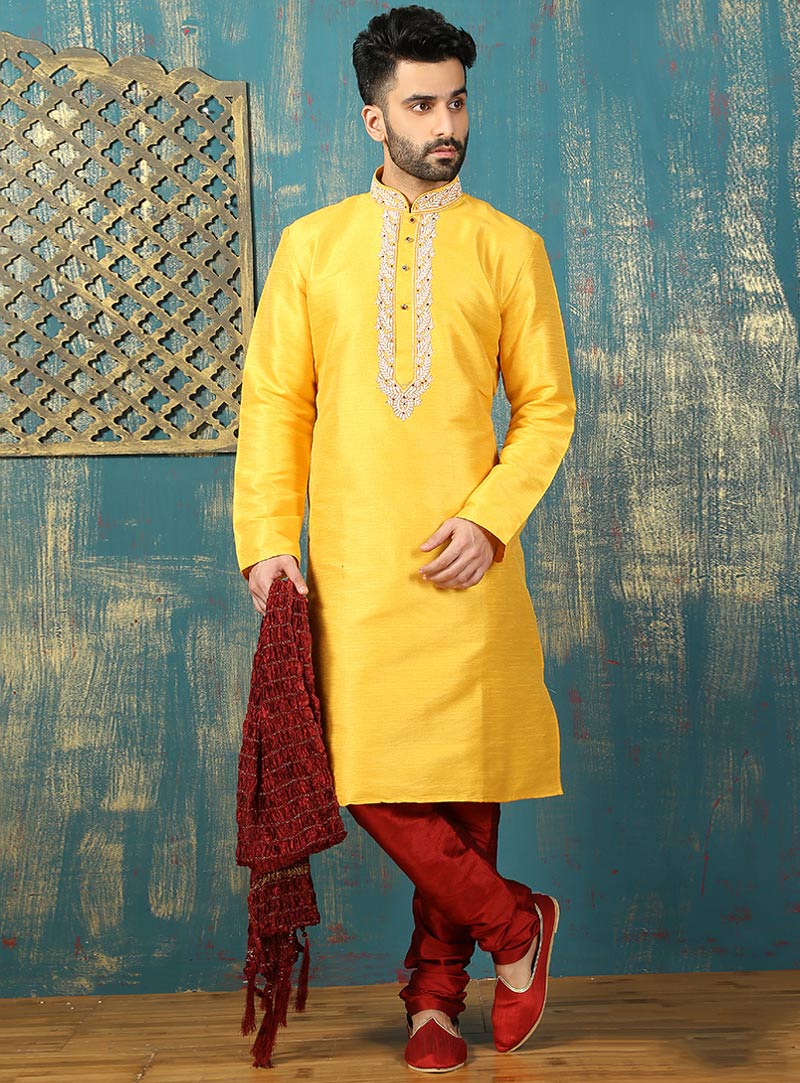 Yellow Art Silk Readymade Kurta With Churidar 87983