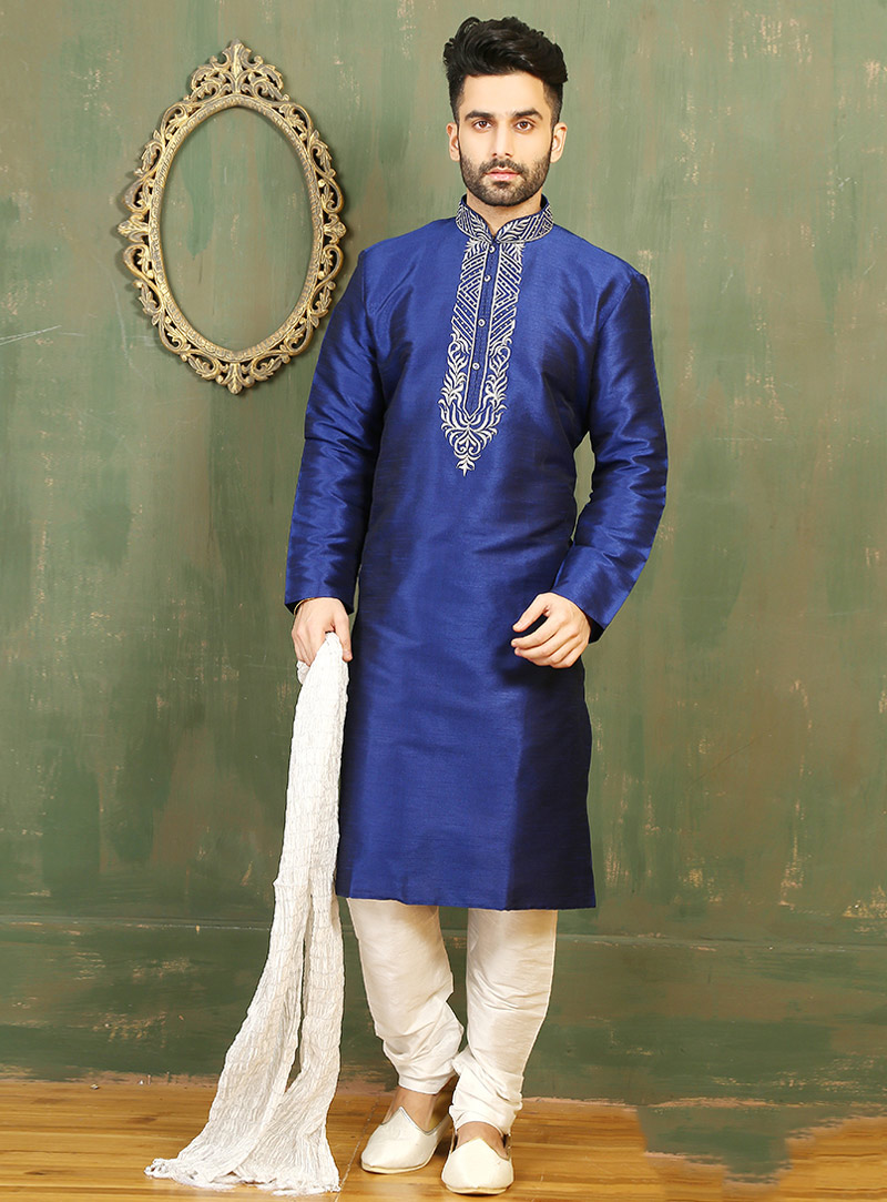 Navy Blue Art Silk Readymade Kurta With Churidar 87984