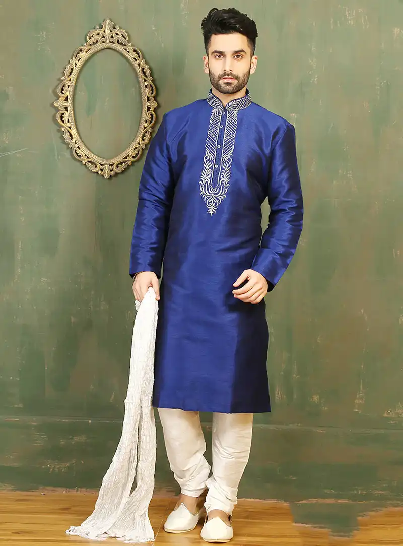 Navy Blue Art Silk Readymade Kurta With Churidar 87984