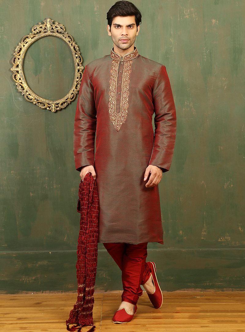 Red Dupion Readymade Kurta Pajama 87985