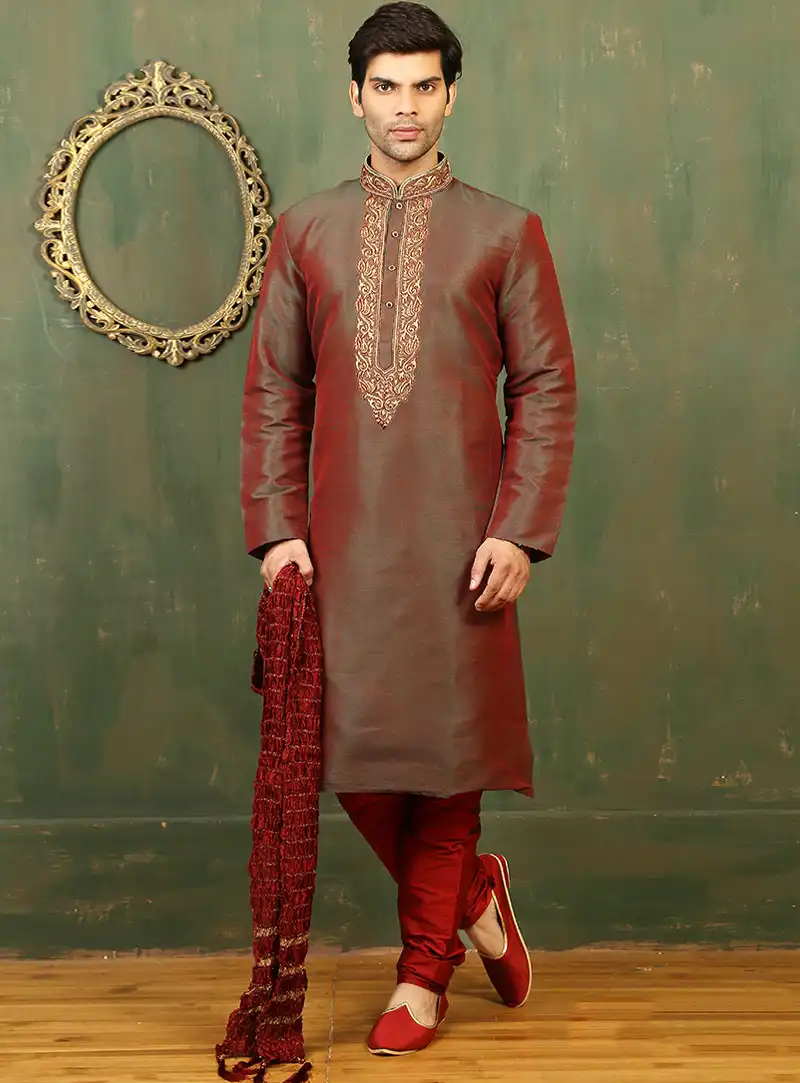 Red Dupion Readymade Kurta Pajama 87985