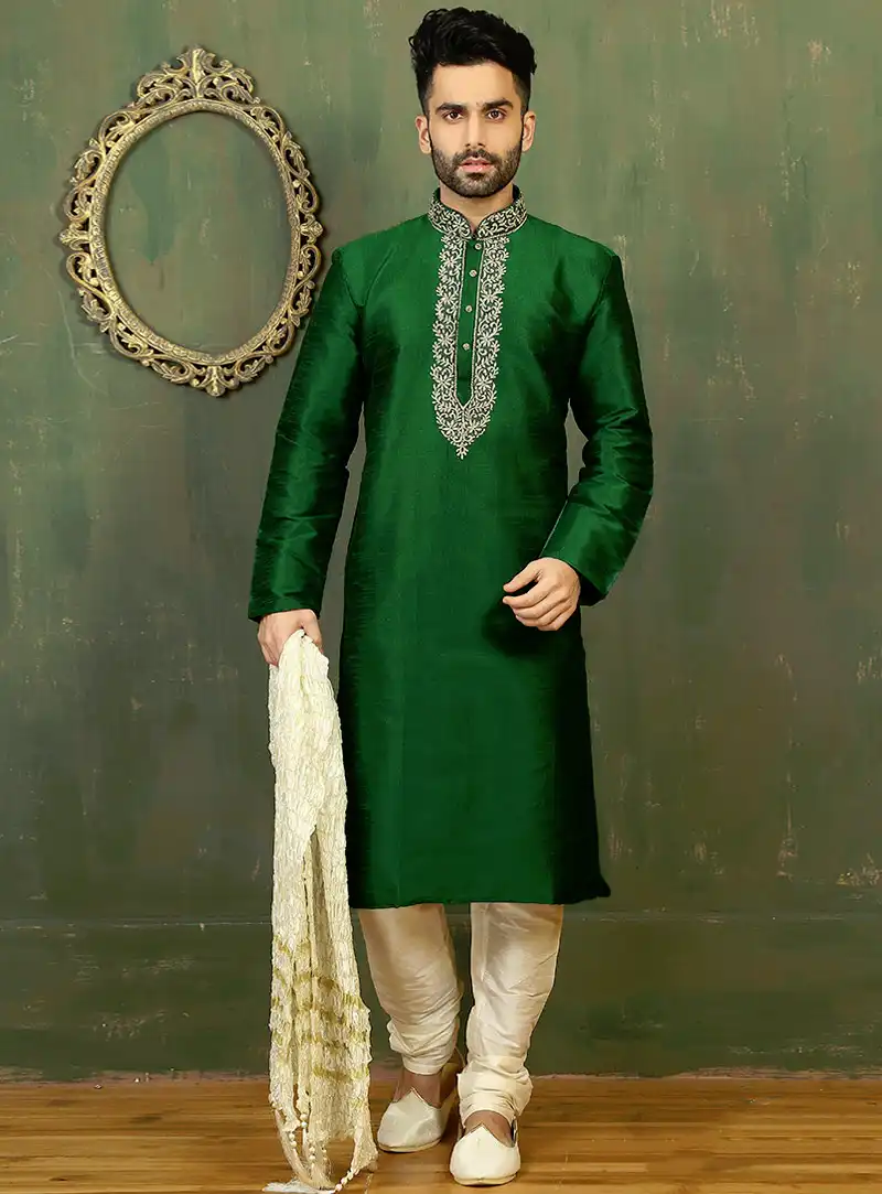Green Dupion Readymade Kurta With Churidar 87986
