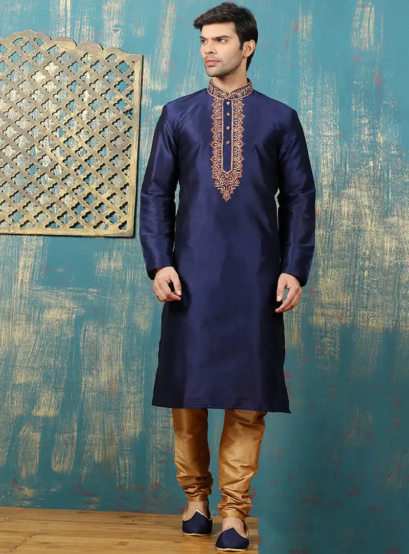 Navy Blue Art Silk Readymade Kurta Pajama 87989