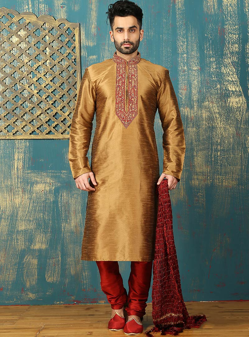 Golden Art Silk Readymade Kurta Pajama 87993