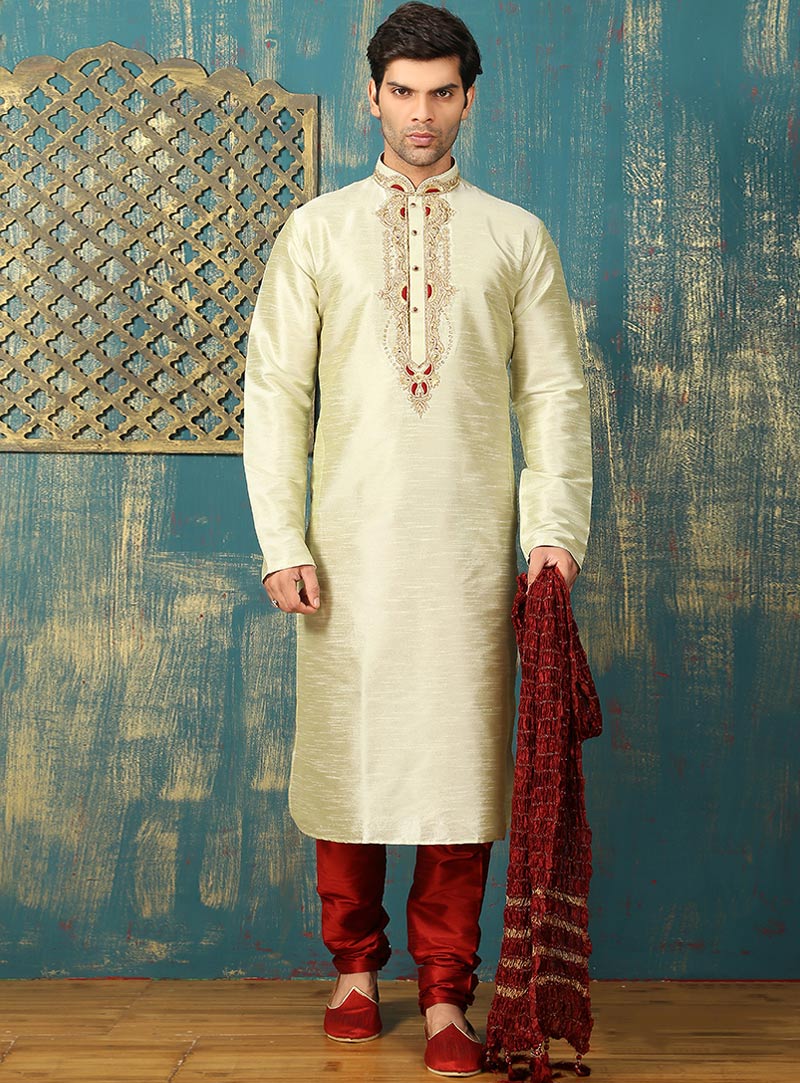 Cream Art Silk Readymade Kurta With Churidar 87994
