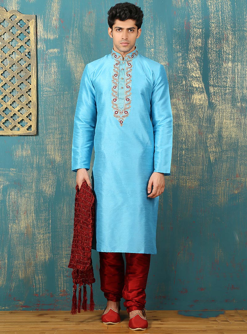 Sky Blue Art Silk Readymade Kurta Pajama 87995