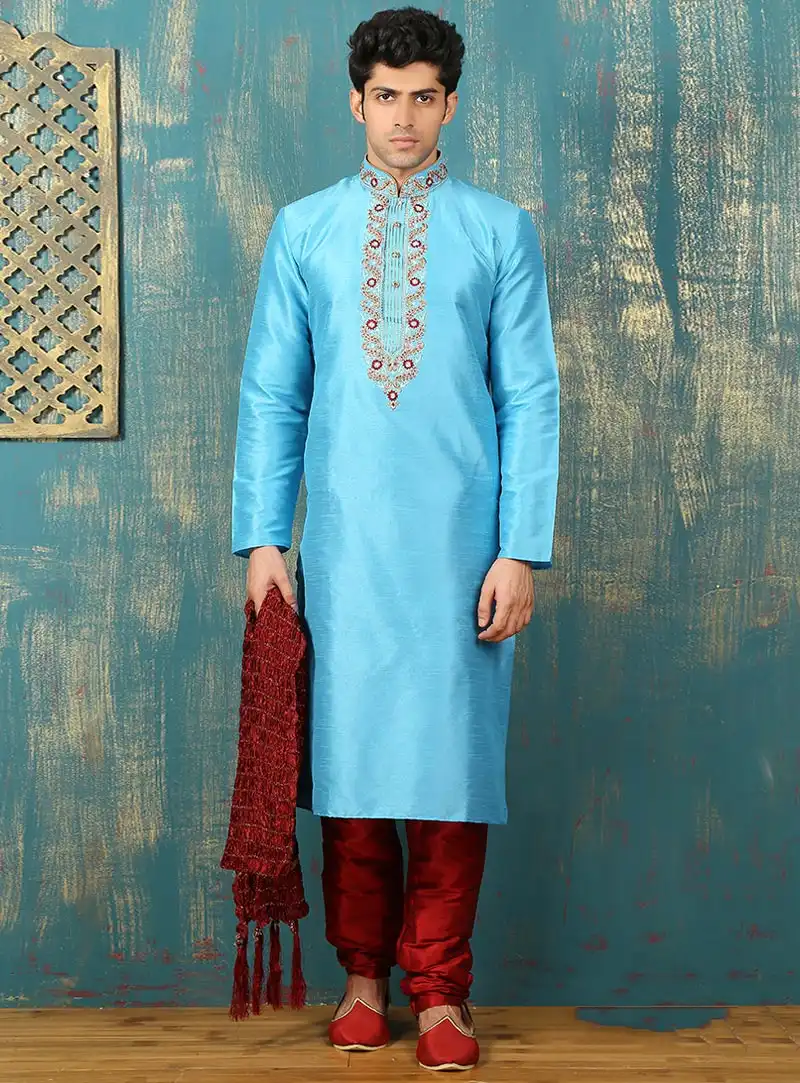 Sky Blue Art Silk Readymade Kurta Pajama 87995