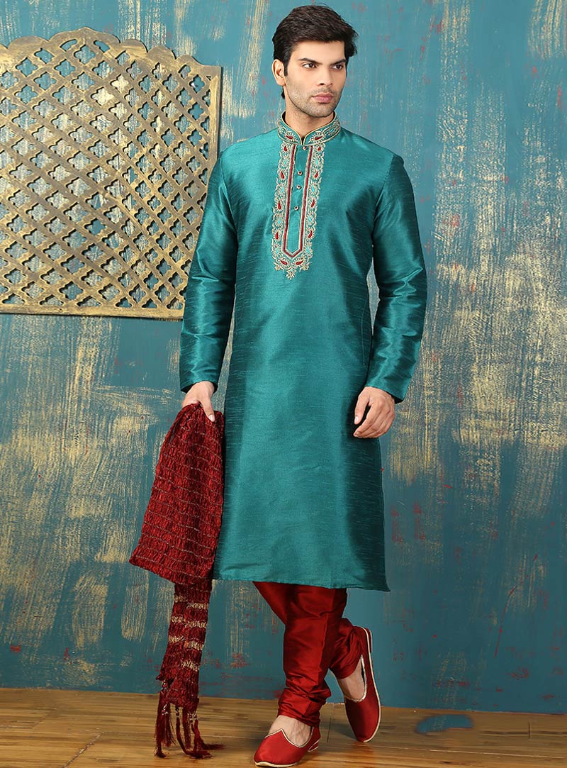 Teal Art Silk Readymade Kurta Pajama 87997