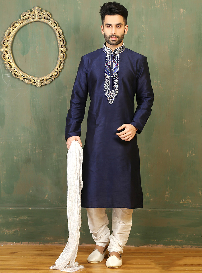 Navy Blue Art Silk Readymade Kurta Pajama 87999