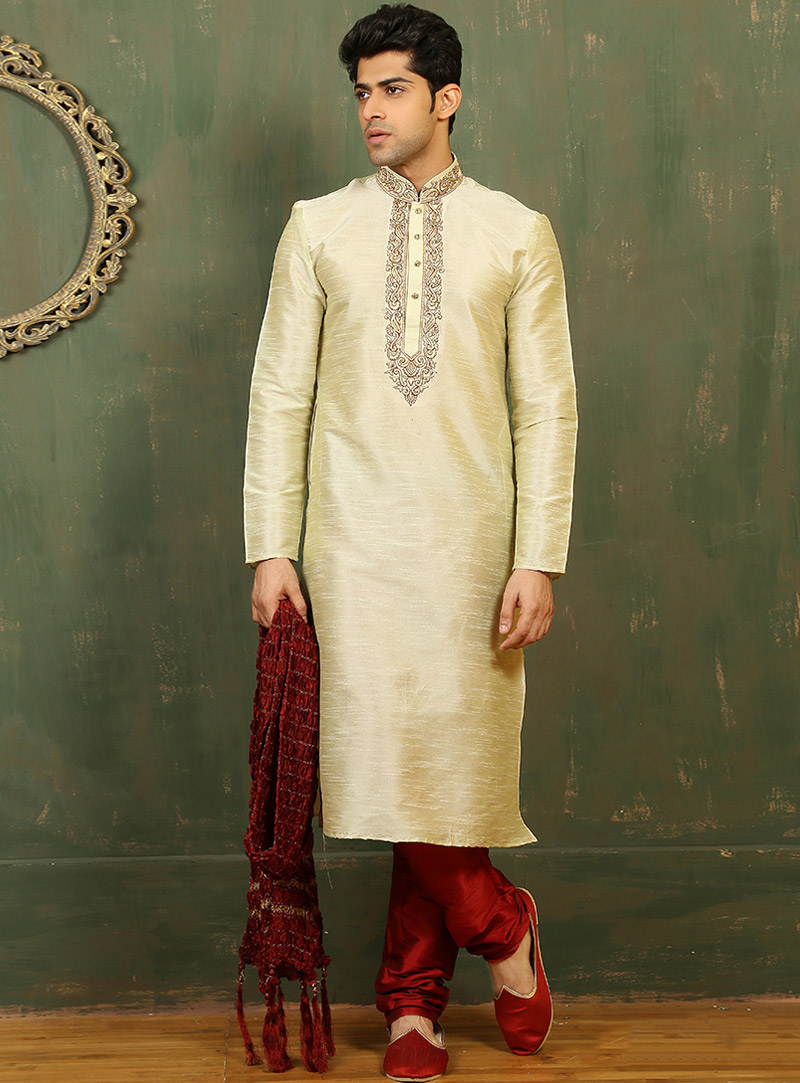 Cream Art Silk Readymade Kurta With Churidar 88000